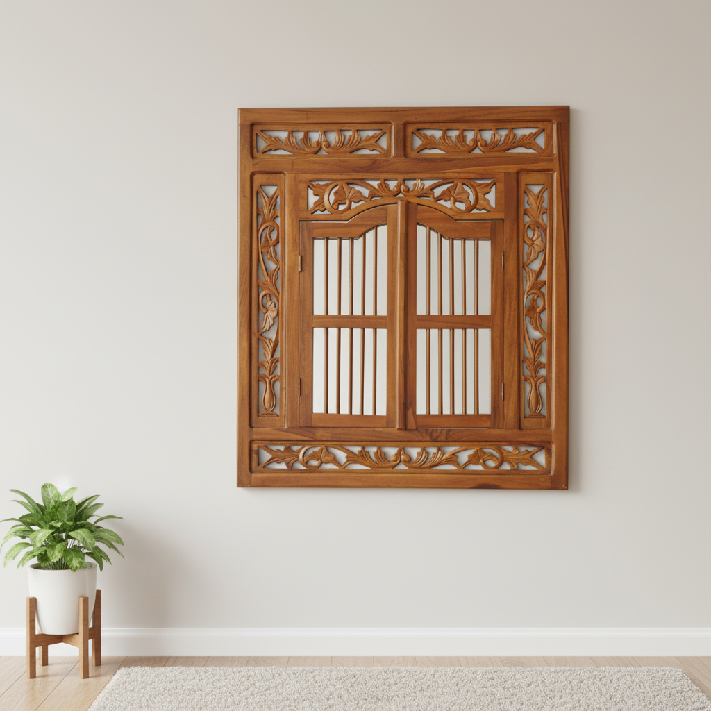 Hand Carved Teak Mirror with Shutters