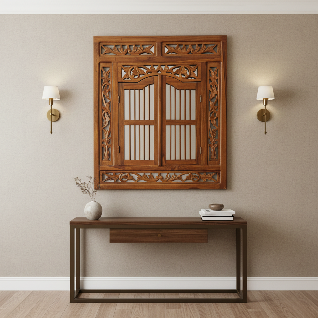Hand Carved Teak Mirror with Shutters