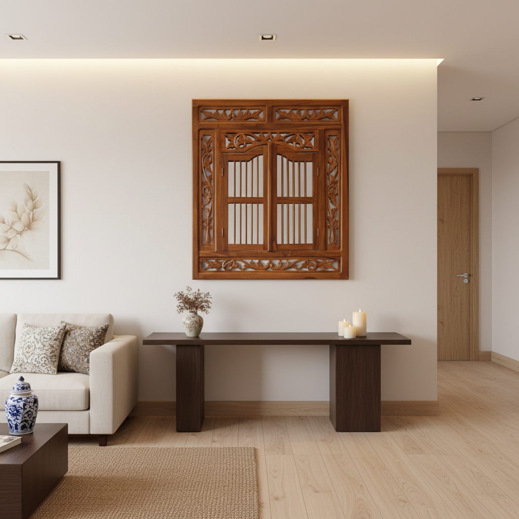Hand Carved Teak Mirror with Shutters